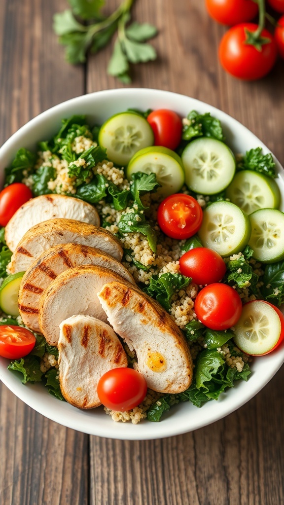 A colorful kale quinoa salad with grilled chicken, tomatoes, and cucumber on a wooden table.